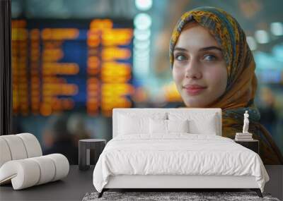 A woman wearing traditional patterned attire standing in an airport with a glowing smile and departure boards visible in the blurred background. Wall mural