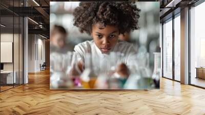 A young aspiring scientist, deeply engaged in a chemistry experiment in a laboratory, demonstrating concentration and interest in scientific discovery. Wall mural