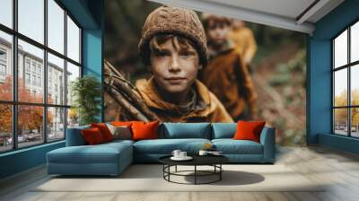 A young boy in a knitted cap leads a group of friends through a forest, exploring and embodying the spirit of adventure, curiosity, and childhood camaraderie amidst nature. Wall mural