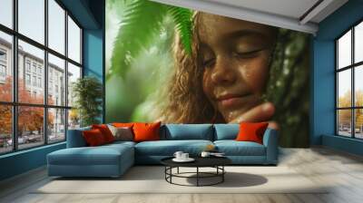 A young girl with curly hair gently hugs a tree, her eyes closed in a peaceful, contented expression, surrounded by lush greenery and sunlight filtering through leaves. Wall mural