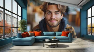 A young man with blue eyes and casual attire poses indoors with bokeh lights in background Wall mural