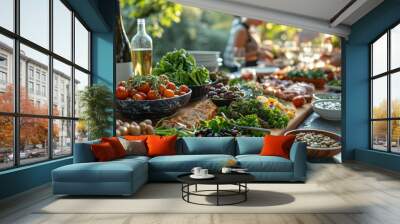 An abundant table of fresh salads, cheese, tomatoes, and bread ready for an outdoor gathering, evoking a sense of community and indulgence Wall mural