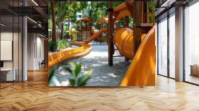 An empty playground featuring orange slides and various play structures is set amidst trees and greenery, providing a fun and safe environment for children to play. Wall mural