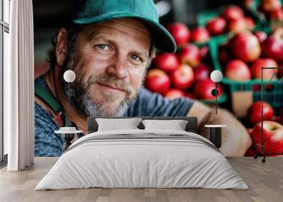 An enthusiastic bearded farmer in casual attire poses beside vibrant apples in a rustic, rural setting, reflecting his deep connection to nature and happiness derived from harvest. Wall mural