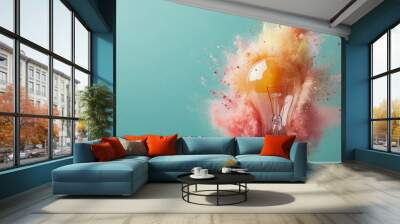 An incandescent light bulb bursts with vibrant, colorful powder on a teal background, symbolizing creativity and innovation in a vivid conceptual art style. Wall mural