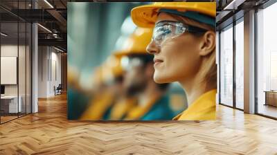 An industrial worker is seen donning a yellow hard hat while working diligently at an industrial site, exemplifying dedication and professionalism in a dynamic environment. Wall mural