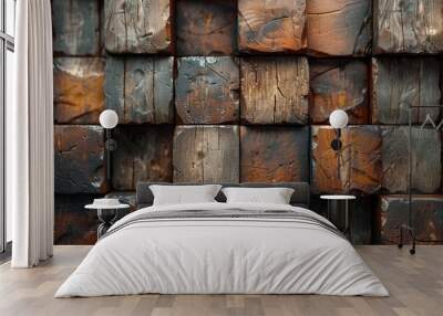 An intricate pattern of square wooden blocks with varying degrees of aging provides a rich, organic visual Wall mural