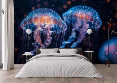 Capturing the ethereal partnership of two jellyfish, their bodies illuminated with patterns in the dark water Wall mural