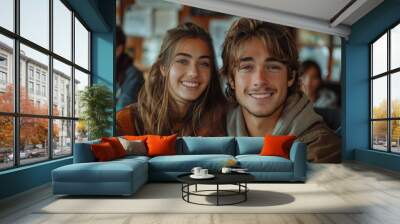 close-up of a smiling young couple in casual attire with a bustling café background, portraying warm Wall mural