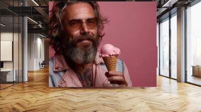 Confident bearded man indulging in a delicious ice cream, with a hint of playfulness and joy Wall mural