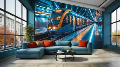 Dynamic view of a modern blue train speeding along the rails in a contemporary, sleek station with motion blur Wall mural