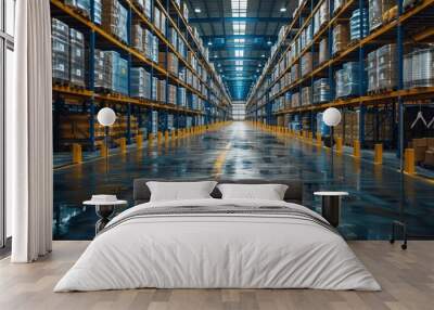 Empty industrial warehouse interior with endless rows of shelves and reflective floor Wall mural