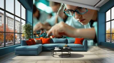 Focused person working with wires and circuits on an electronic device, representing the intensive and careful process of managing and repairing modern electronic technology. Wall mural