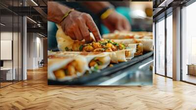 Hands are seen expertly preparing a spiced Indian flatbread roll dish with vegetables, demonstrating the intricate art of creating a traditional Indian street food staple on a hot tray. Wall mural