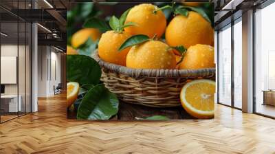 Juicy ripe oranges with fresh green leaves in a wicker basket, close-up with water droplets, suggesting freshness and natural Wall mural