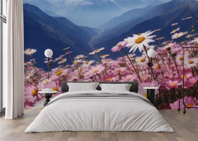 Landscape with pink flowers, mountain view Wall mural