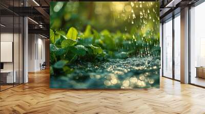 Raindrops are seen falling on lush green plants with sunlight peeking through, creating a serene and refreshing atmosphere. The image evokes renewal and natural beauty. Wall mural