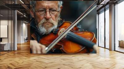 Street musician with gray hair intensely playing a vintage violin, focused and passionate about his music Wall mural