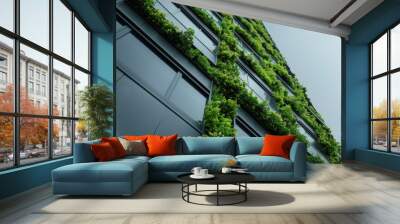 The image showcases a contemporary building facade thoroughly covered with vertical gardens, demonstrating the harmony between urban architecture and natural elements. Wall mural