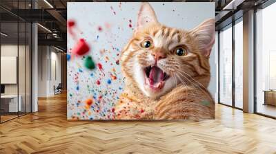 The image shows a surprised cat against a backdrop of vibrant, splattering paint, capturing a moment of astonishment and colorfulness, exuding creativity and surprise. Wall mural