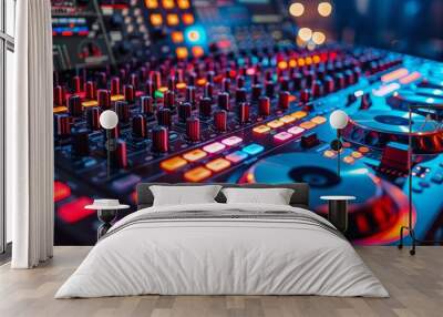 This image captures a professional DJ mixing board with glowing red and blue lights, knobs, and sliders as a centerpiece Wall mural