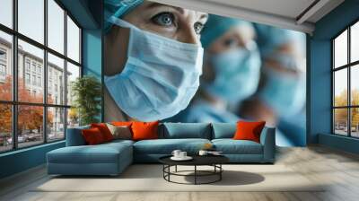 This image captures multiple doctors dressed in surgical scrubs and masks, preparing for a medical procedure in a well-equipped, sterile surgical room. Wall mural