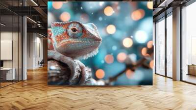 This image depicts a chameleon perched on a branch with an intricate, colorful design against a creative bokeh background, emphasizing the wonder of animal adaptation. Wall mural