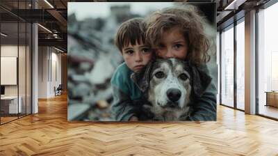 Two young children hold a dog close amidst rubble and debris, symbolizing resilience and companionship in the face of hardship, with distressed expressions. Wall mural