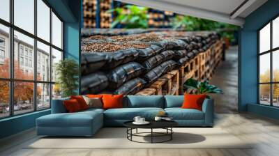 Vibrant image showcasing rows of packed coffee bean bags in a warehouse with natural elements in the foreground Wall mural