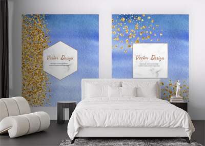 Blue watercolor texture design cards with gold glitter dots, confetti and marble frames Wall mural