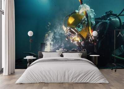 Commercial diver welding and cutting underwater Wall mural