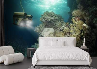 Robot inspects a sunken ship deep under water Wall mural