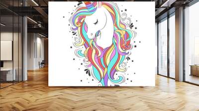 Cute White Unicorn with rainbow hair Wall mural