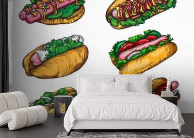 A large set of hot dog sketches in the artline style. High drawing of details and elements. Wall mural