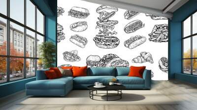 Raster fast food illustrations in the style of the sketch. Burgers, pizza, sandwiches, fries, burgers. High-quality detailed drawing of elements. Wall mural