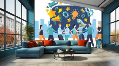 Raster illustration. Flat design. large group. Decision of tasks. Brainstorming. Teamwork. Achieving goal. Team of associates. A large composition using many elements. Wall mural