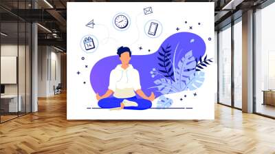 Vector illustration concept of businessman practicing meditation in office. The man sits in the lotus position, the thought process, the inception and the search for ideas. Practicing Yoga in work Wall mural