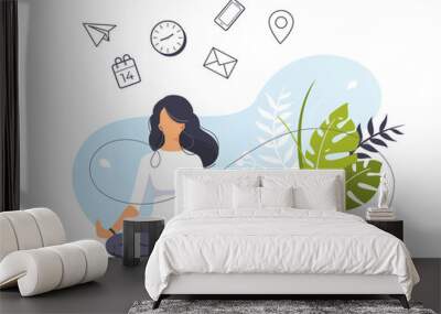 Vector illustration concept of businesswoman practicing meditation in office. The girl sits in the lotus position, the thought process, the inception, and the search for ideas. Practicing Yoga in work Wall mural