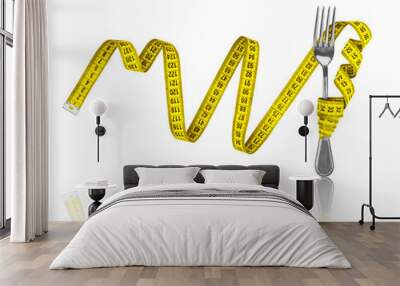 Diet concept, fork and measuring tape on an isolated white backg Wall mural