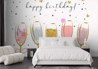 Birthday greeting card. Five glasses of champagne with confetti. Vector illustration in flat style Wall mural