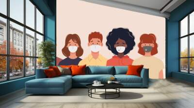 Group of people with different nationalities wearing medical masks to prevent disease, flu, air pollution, contaminated air, world pollution. Illustration in a flat style Wall mural