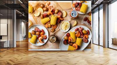 A low country homemade traditional  Southern U.S. Shrimp Boil with sausage, potato and corn Wall mural