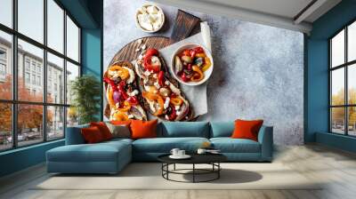 Roasted vegetables toast with hummus and feta cheese Wall mural