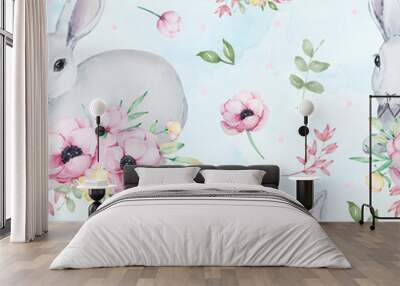 Easter watercolor seamless pattern. Gray cute bunnies Wall mural