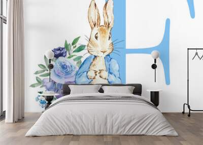 Letter F blue with watercolor cute rabbit with flowers Wall mural