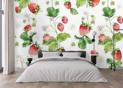 Seamless pattern of watercolor strawberries on a branch with flowers and leaves Wall mural