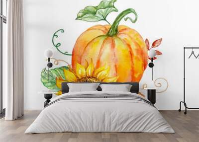 watercolor autumn composition with orange pumpkin Wall mural