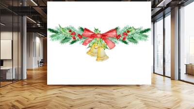 Watercolor Christmas frame of fir and pine branches with decorations Wall mural