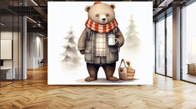 Watercolor cute bear dressed in winter clothing on white background, nursery Wall mural