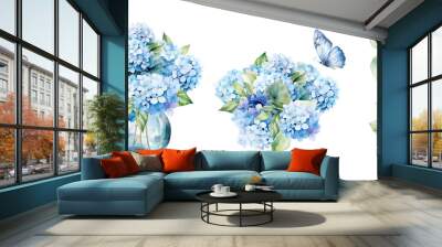 Watercolor set of blue hydrangea bouquets Wall mural